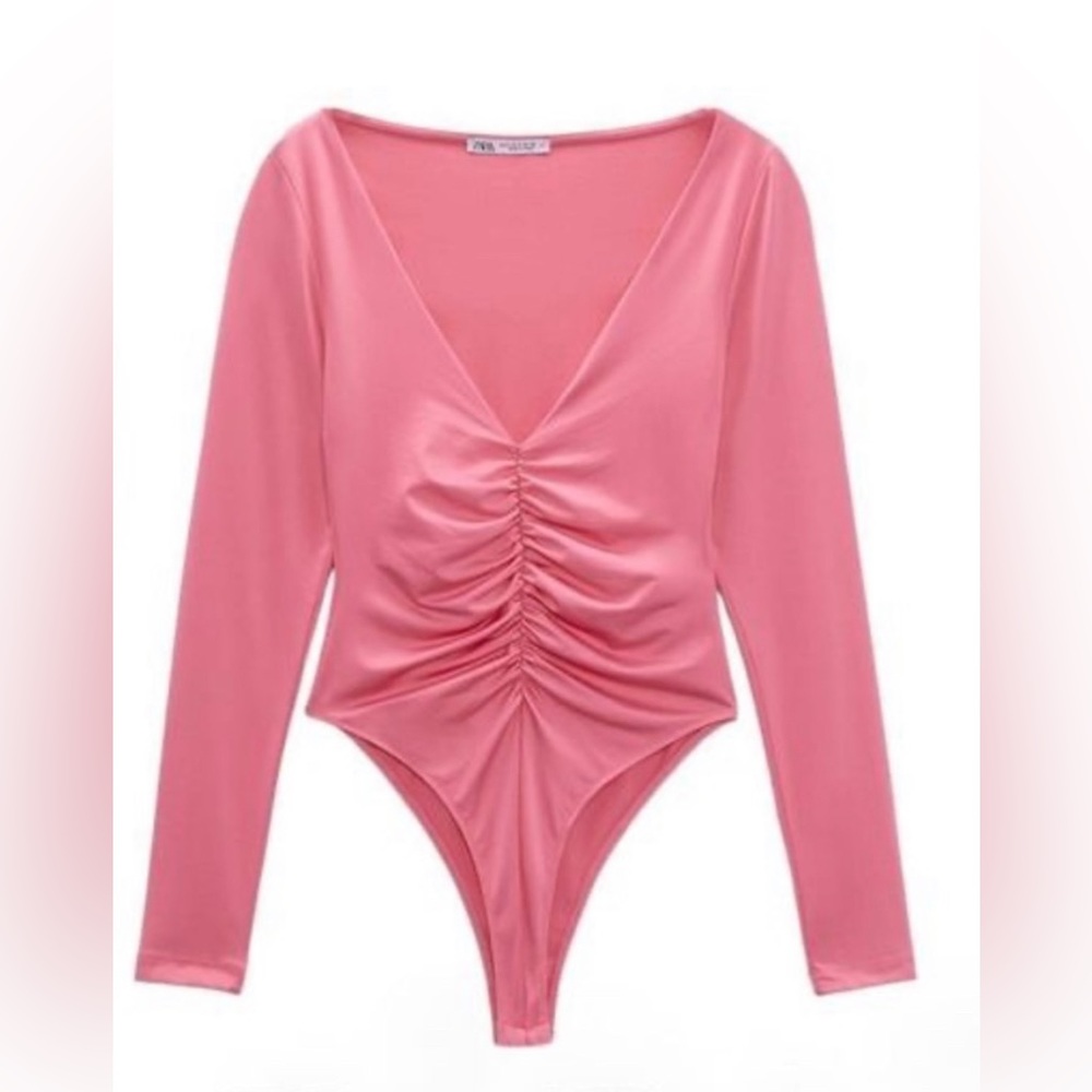 ZARA PINK RUCHED BODYSUIT LONG SLEEVE